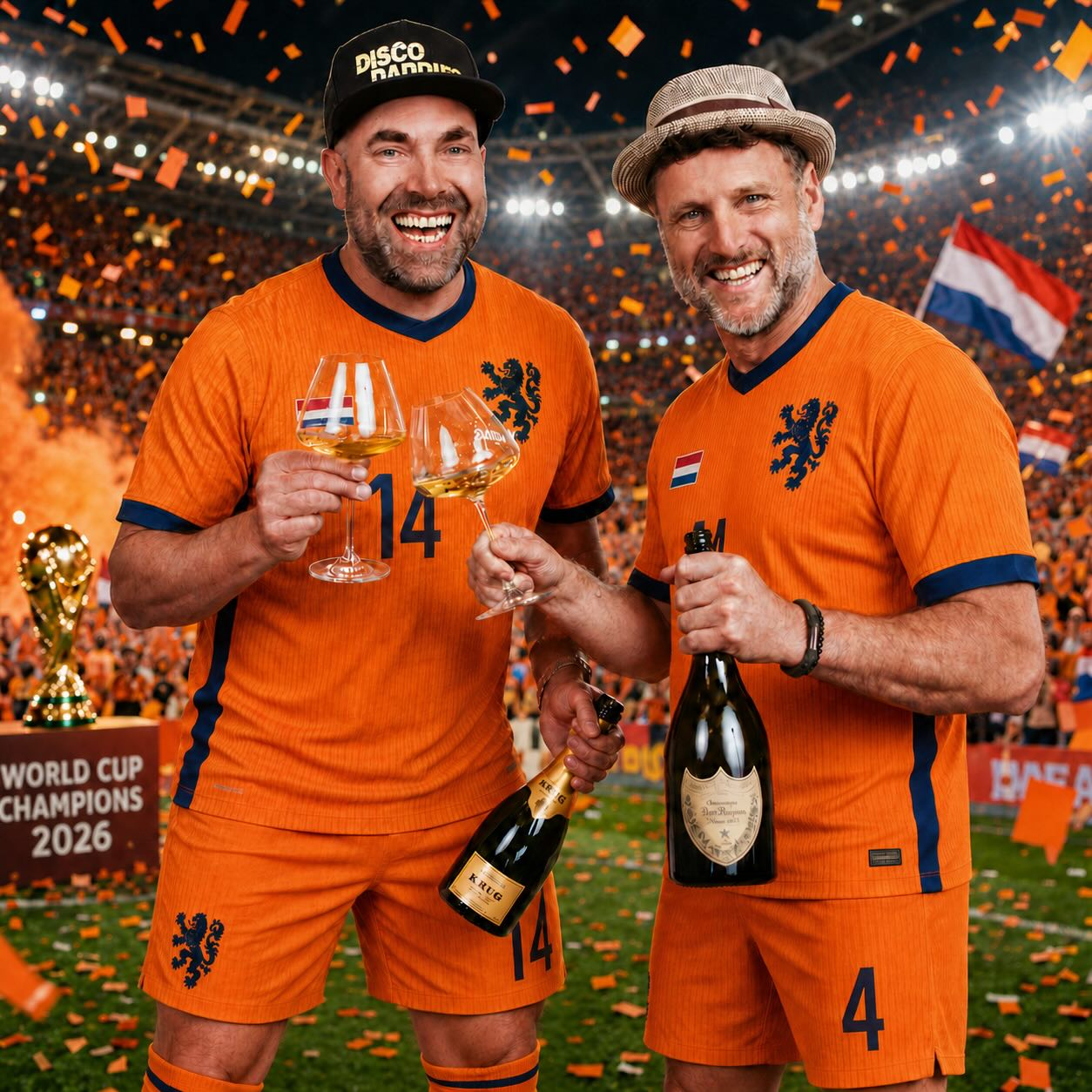 DISCO DADDIES IN ORANJE 🧡⚽️

We zeggen niet dat Nederland wereldkampioen wordt…
maar we hebben de bubbels alvast koud gezet, de shirts al aan en de polonaise in warming-up.

Twee Daddies. Eén missie.
Oranje naar de finale schreeuwen alsof we zelf in de basis staan.
Met net iets te veel zelfvertrouwen, een glas in de hand en een conditie die na 12 minuten al om wissels vraagt. Erik al na 2 minuten waarschijnlijk… 😜

Wij zijn er klaar voor. Nederland ook?
Laat dat WK maar komen. De schaal pakken we later, eerst proosten. 🏆🍾🏆🧡🦁🦁

#DiscoDaddies #Oranje #WKKoorts #WijWordenWereldkampioen #DaddiesInOranje HupHollandHup